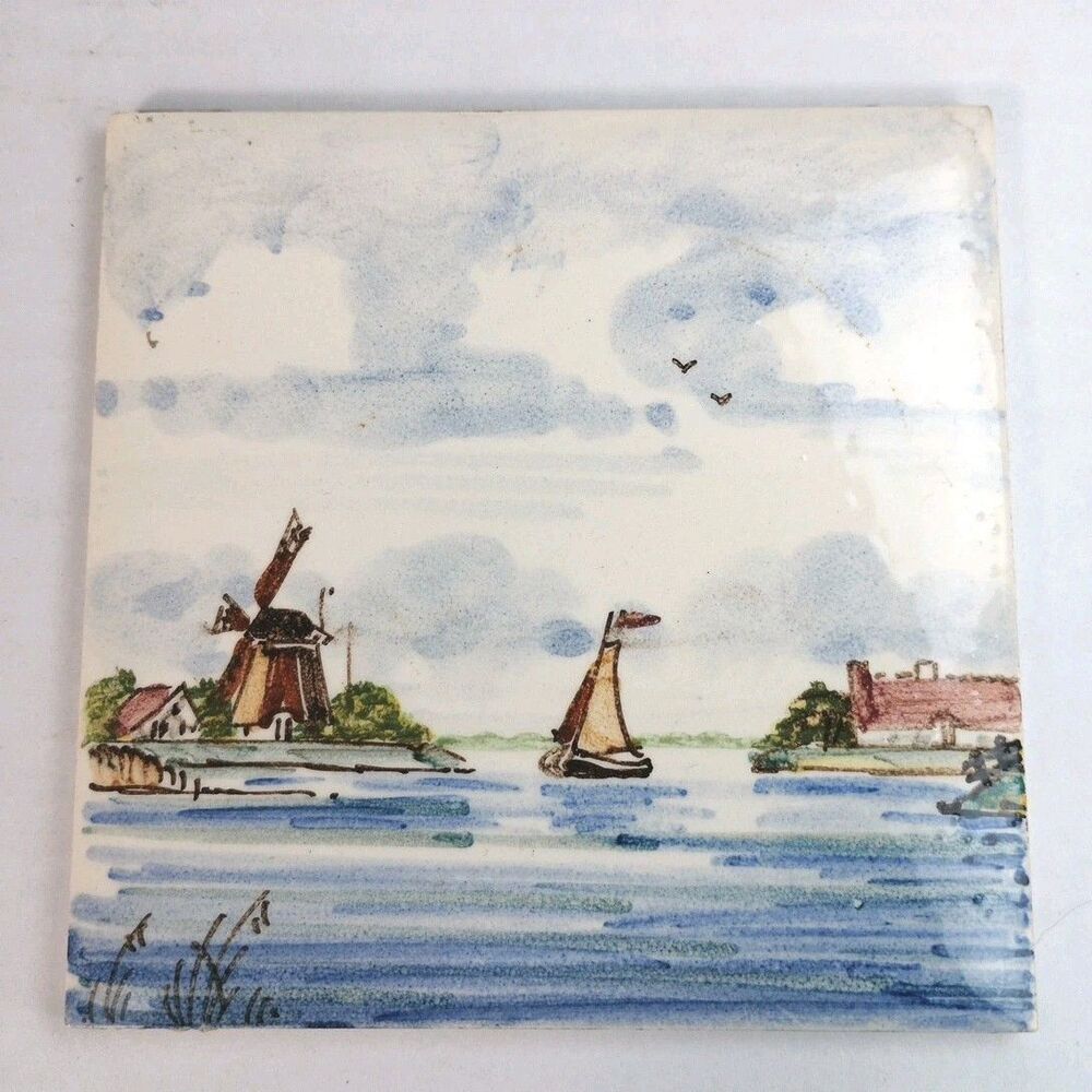 VTG Ceramic Hand Painted Windmill Sailboat Delft Style Dutch Tile 4.25 Square